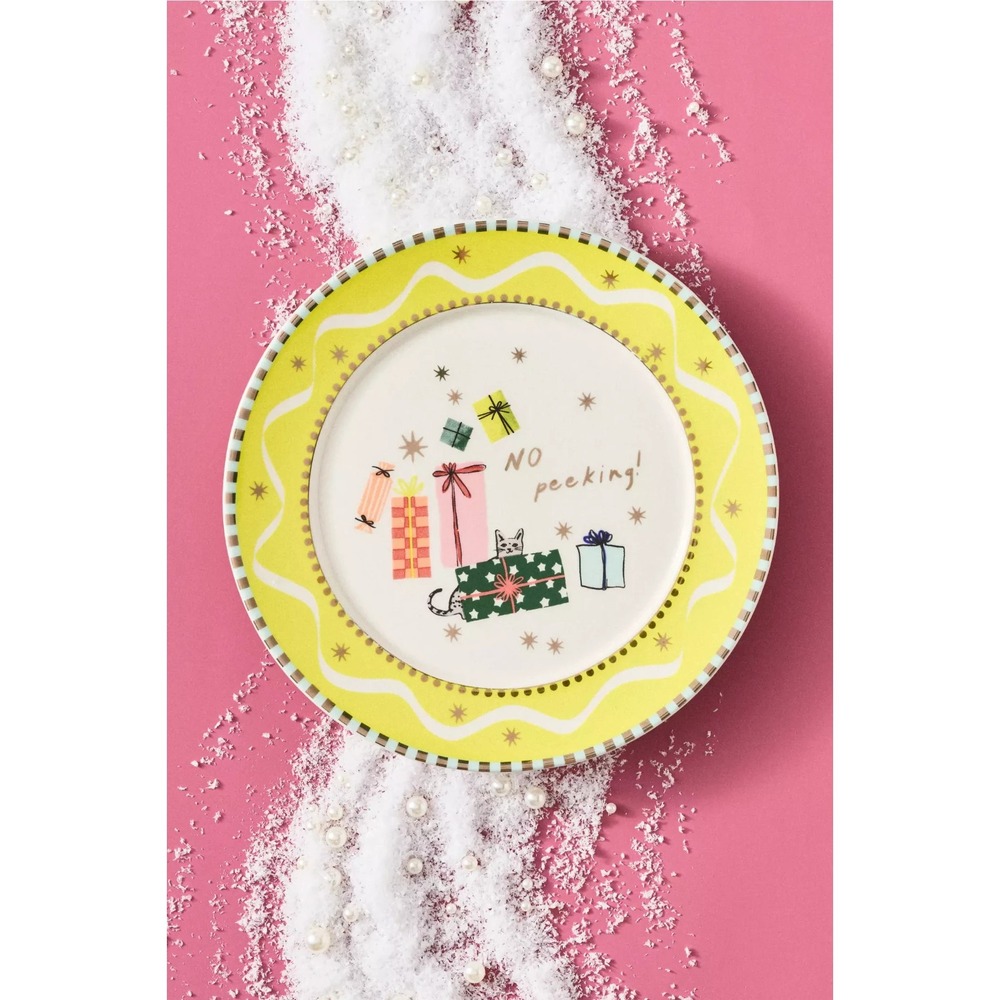 Anthropologie Caroline Stoneware Holiday Dessert Plate‎ Yellow No Peaking 8" NEW
